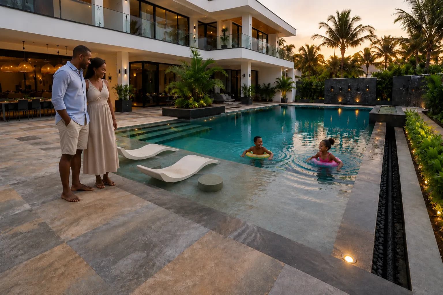 Un couple devant une piscine terminée où jouent deux enfants, villa derrière.