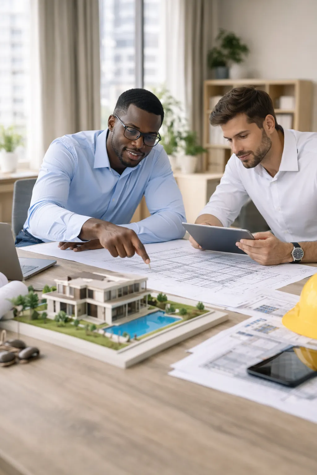 Deux concepteurs devant la maquette d'une villa avec piscine, plans et tablette.