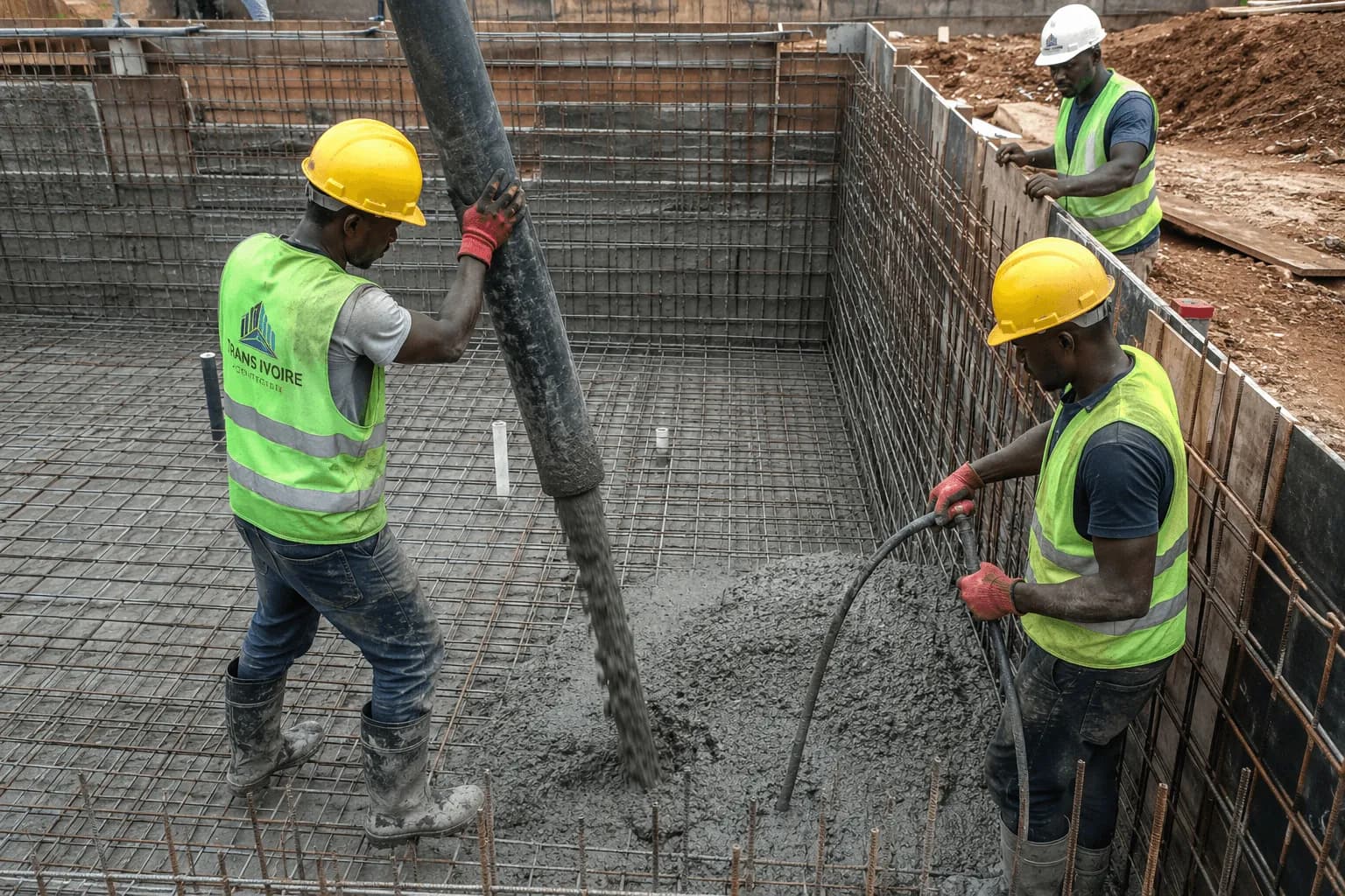 Coulage du béton dans un ferraillage avec le tuyau d'une pompe, deux ouvriers casqués.