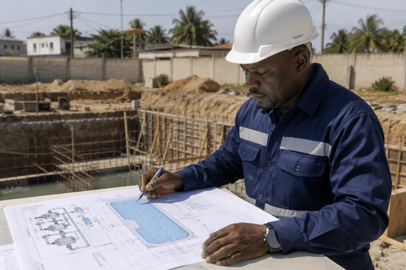 Un ingénieur casqué annote le plan d'une piscine sur un chantier.