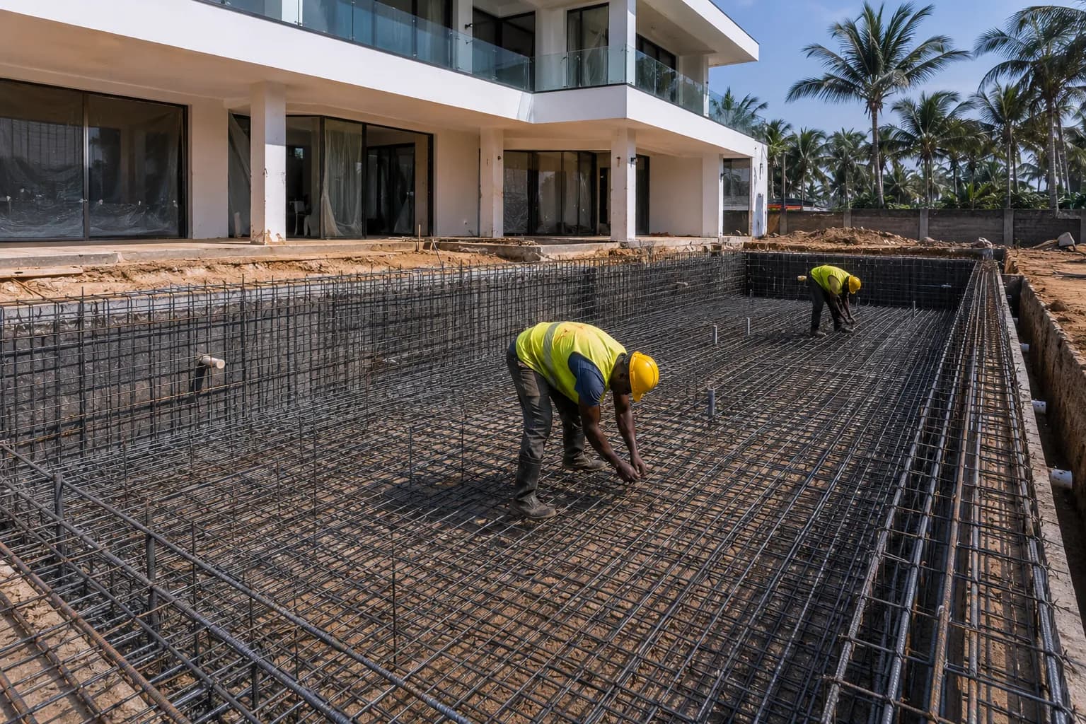 Ferraillage d'un bassin vérifié par un ouvrier, villa contemporaine au fond.