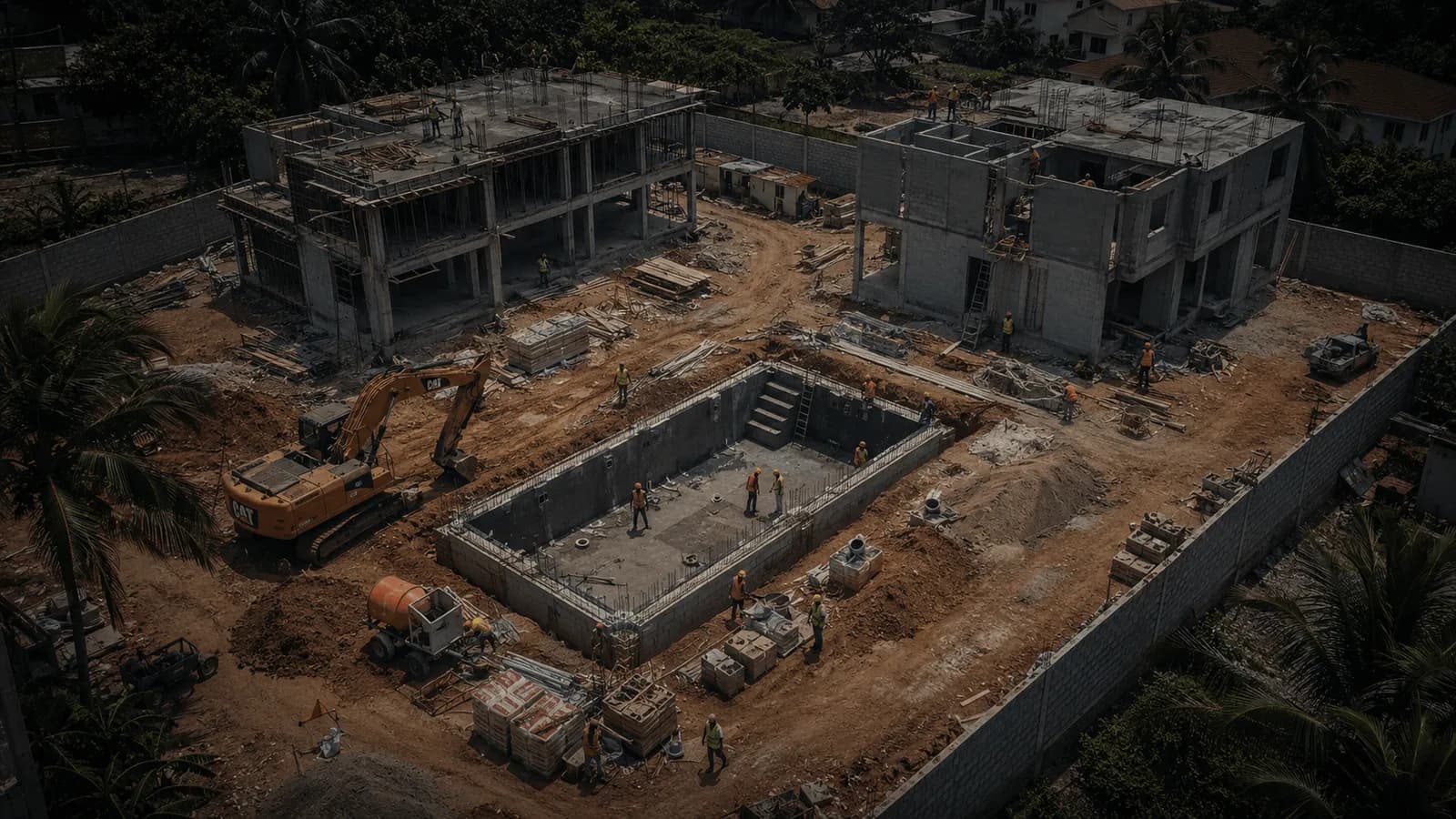 Chantier vu du ciel : villa en structure béton et bassin coffré, engins.
