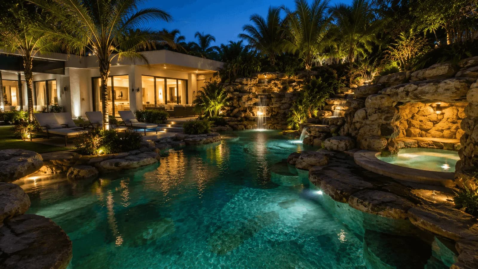 Lagon nocturne éclairé avec grotte, cascade et spa.
