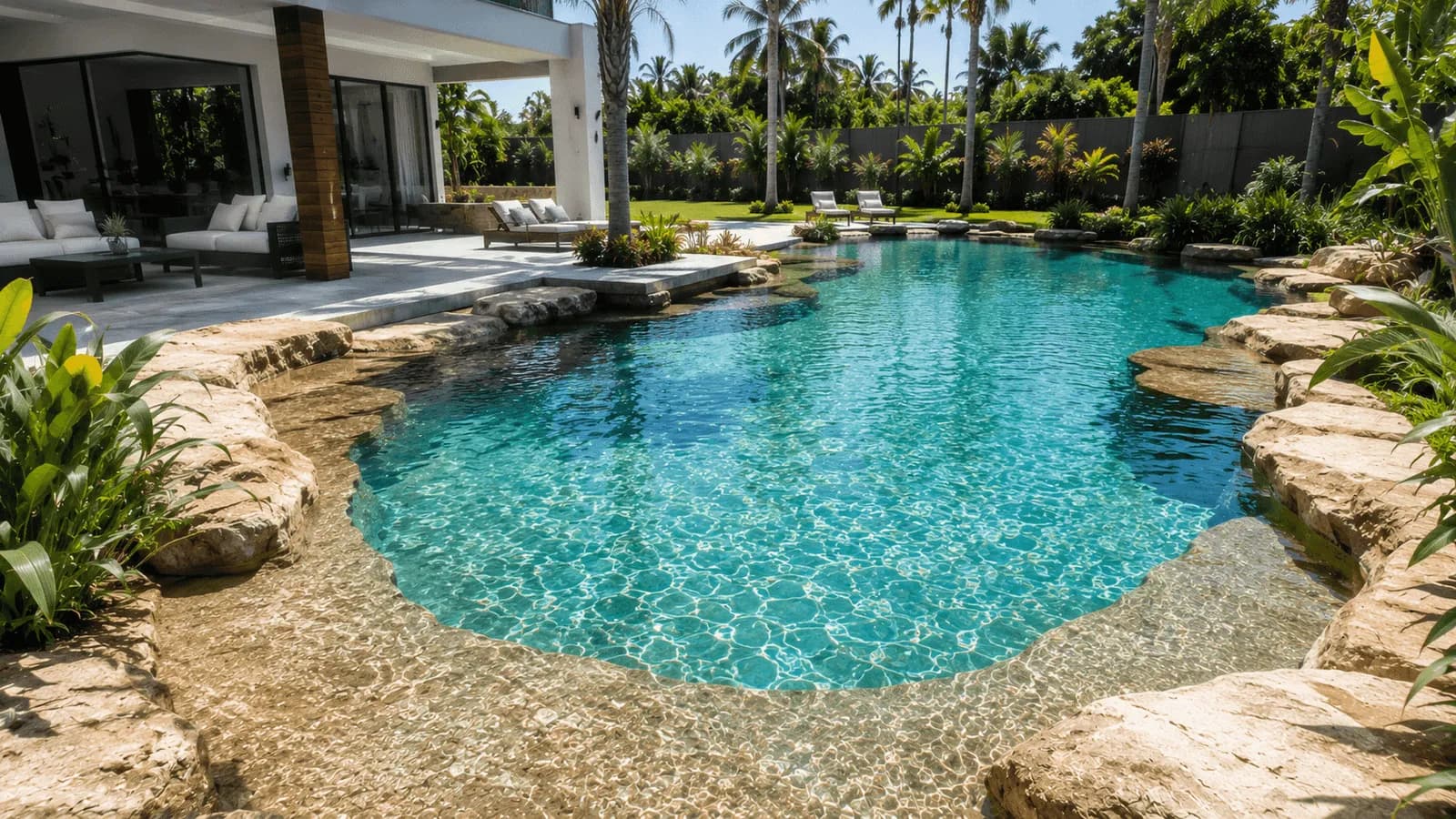 Piscine aux formes libres bordée de dalles de pierre, eau turquoise, jardin.