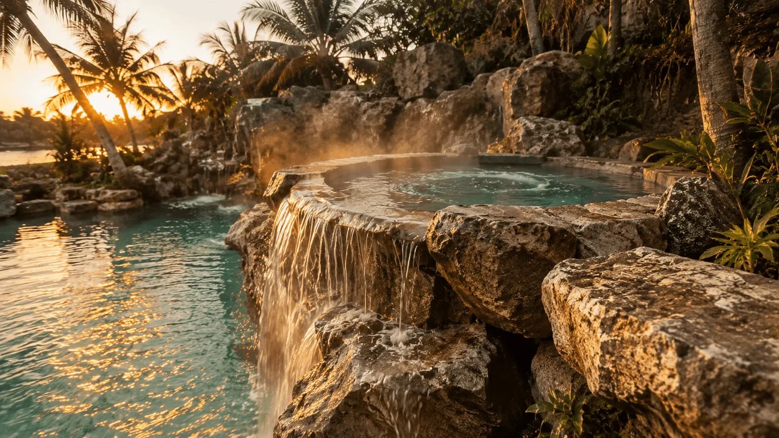 Spa en rocaille surélevé dont l'eau se déverse dans un lagon, au crépuscule.