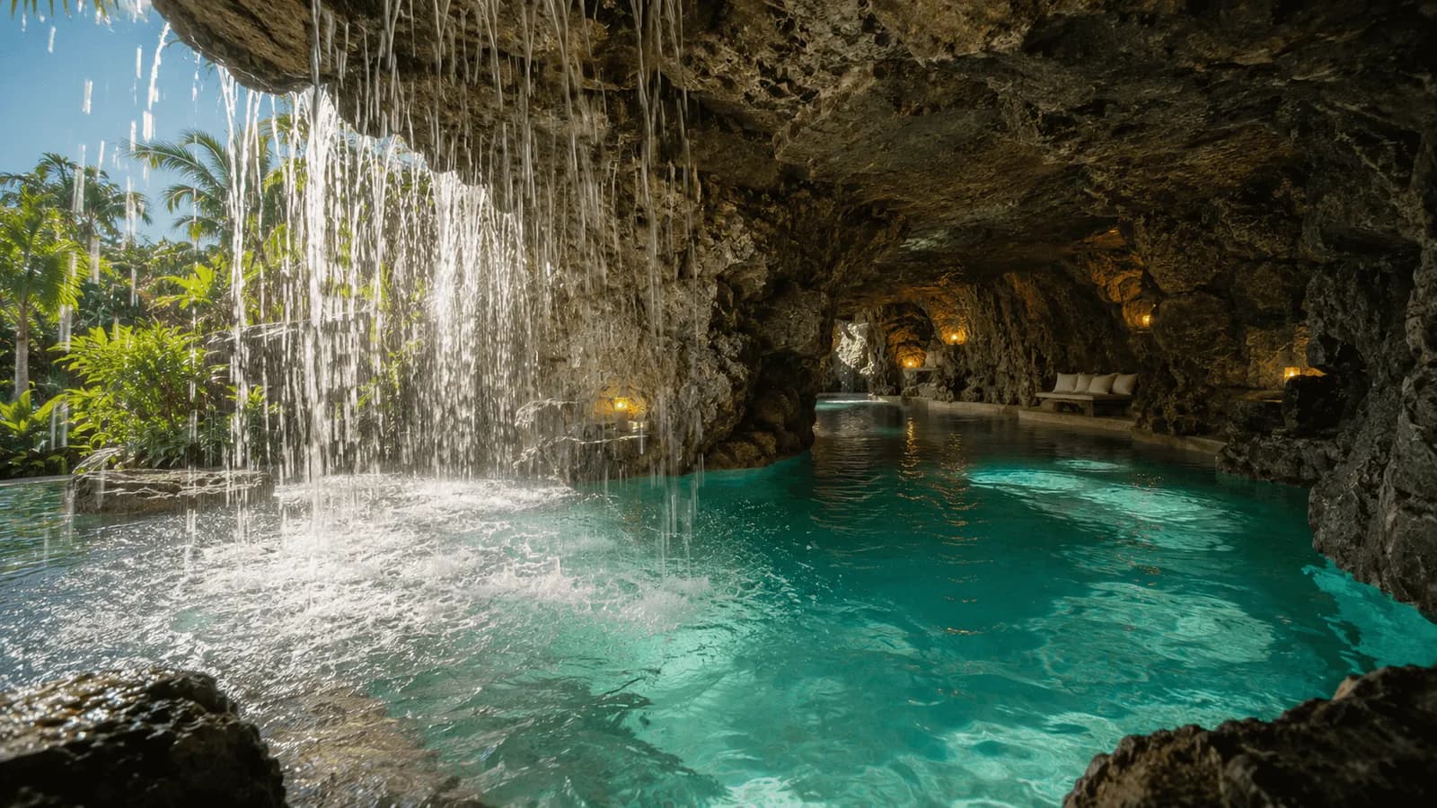 Rideau de cascade devant une grotte aménagée, bassin turquoise.