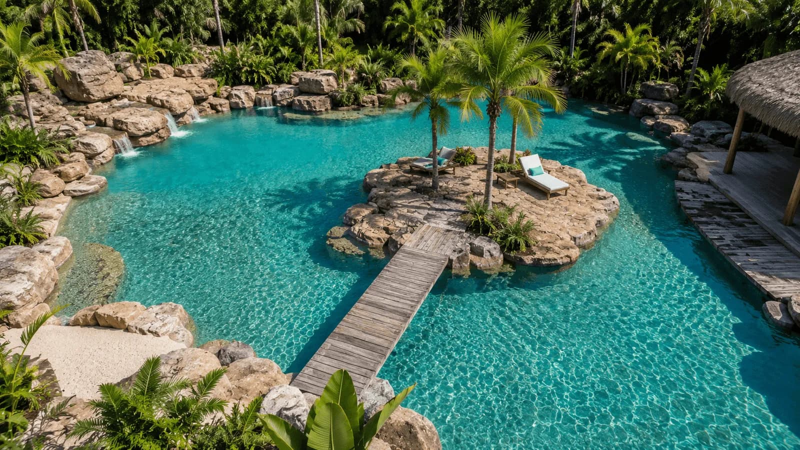 Îlot planté de palmiers relié par un ponton en bois, lagon turquoise.