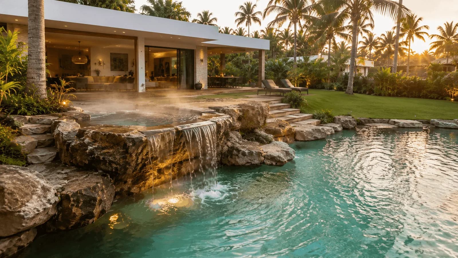 Spa en rocaille qui se déverse dans un lagon, au soleil couchant.