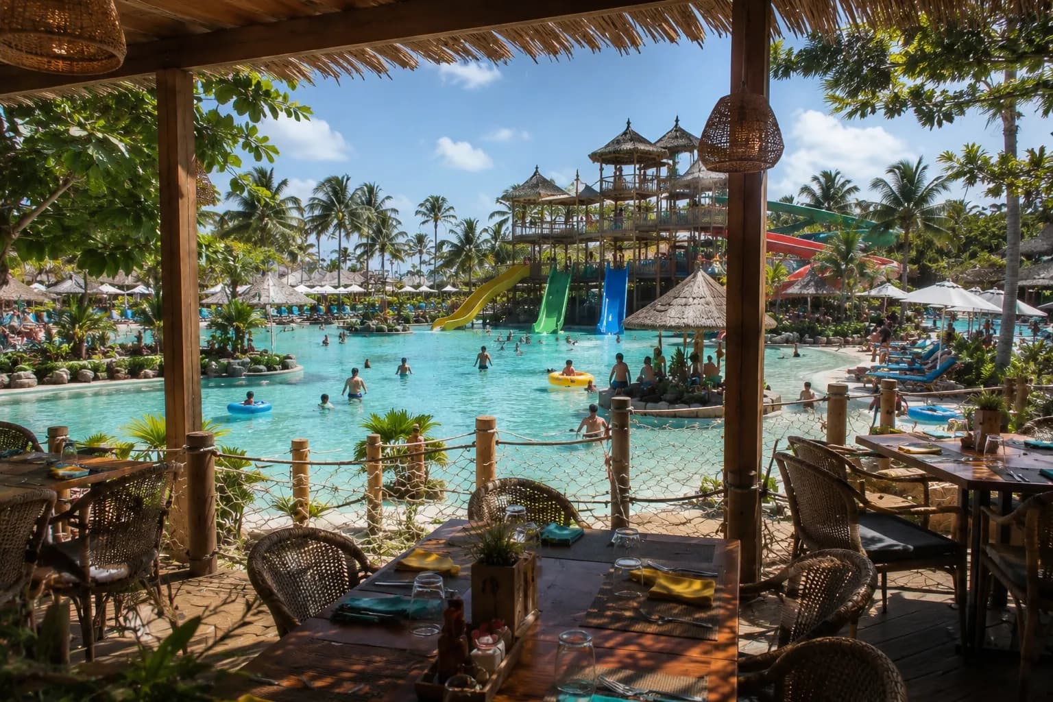 Terrasse de restaurant sous paillote qui domine un parc aquatique.