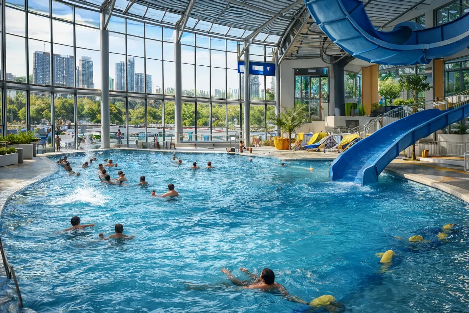 Complexe aquatique couvert : bassin ludique sous une verrière, toboggan bleu.