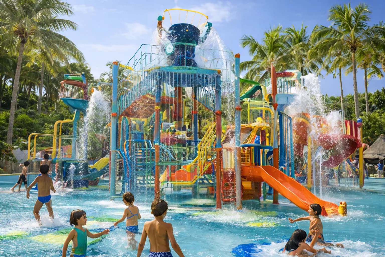 Aire de jeux d'eau colorée avec jets et seau basculant.
