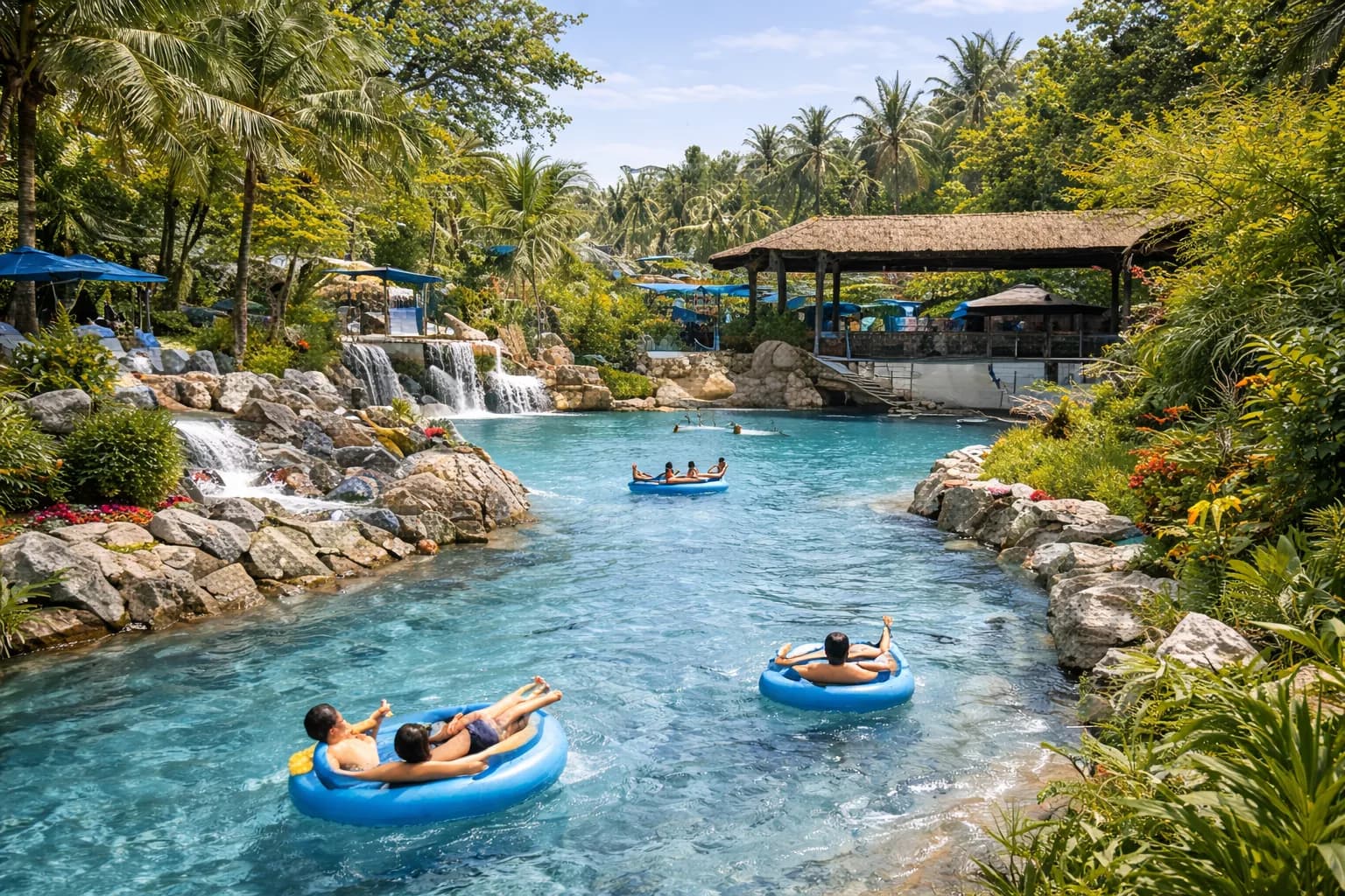 Rivière lente dans la végétation tropicale, baigneurs sur des bouées.