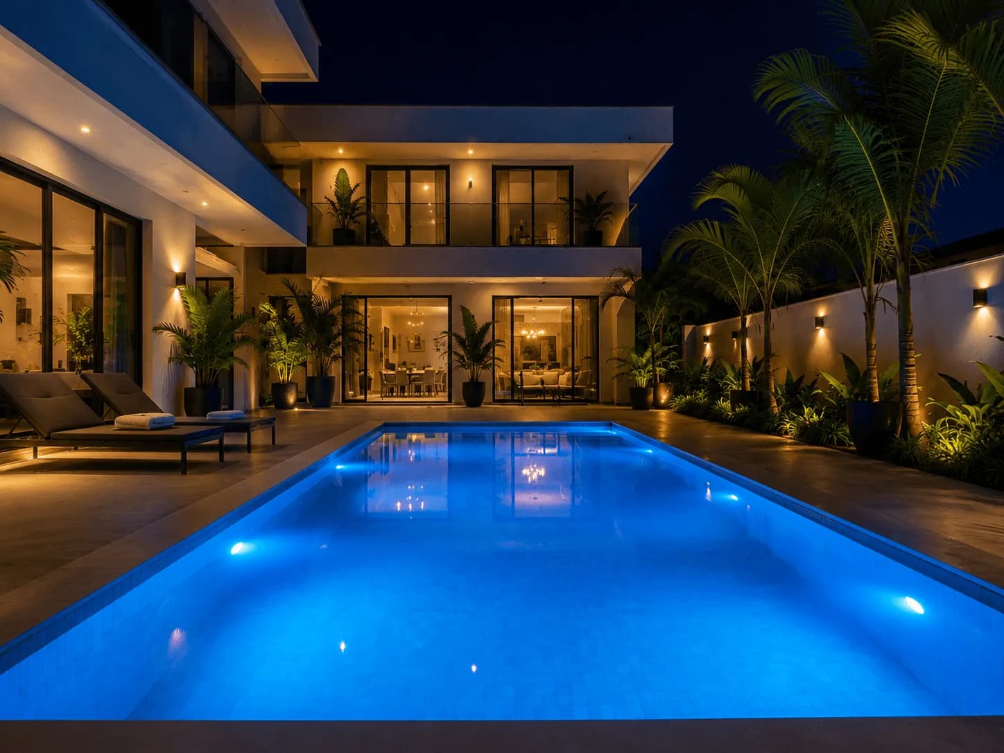 Piscine rectangulaire éclairée la nuit dans la cour d'une villa.