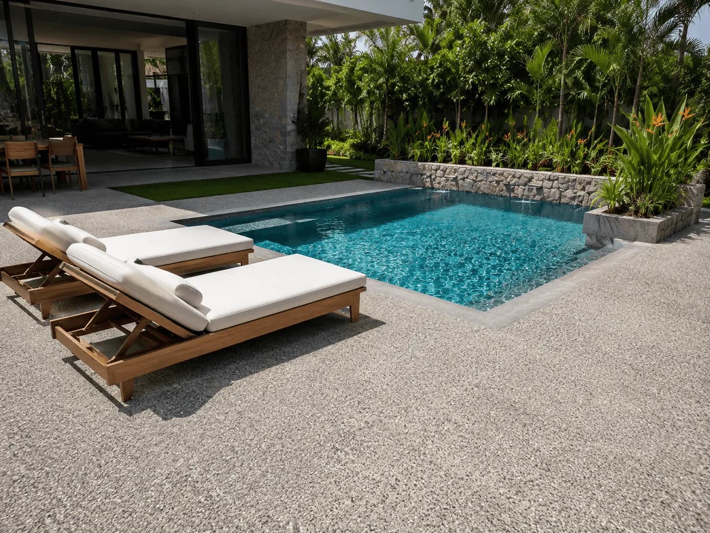 Patio de villa avec une piscine en mosaïque et deux bains de soleil.