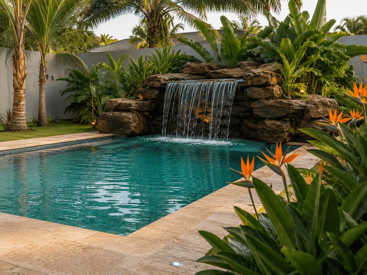 Piscine avec une cascade en rocaille dans un jardin tropical fleuri.