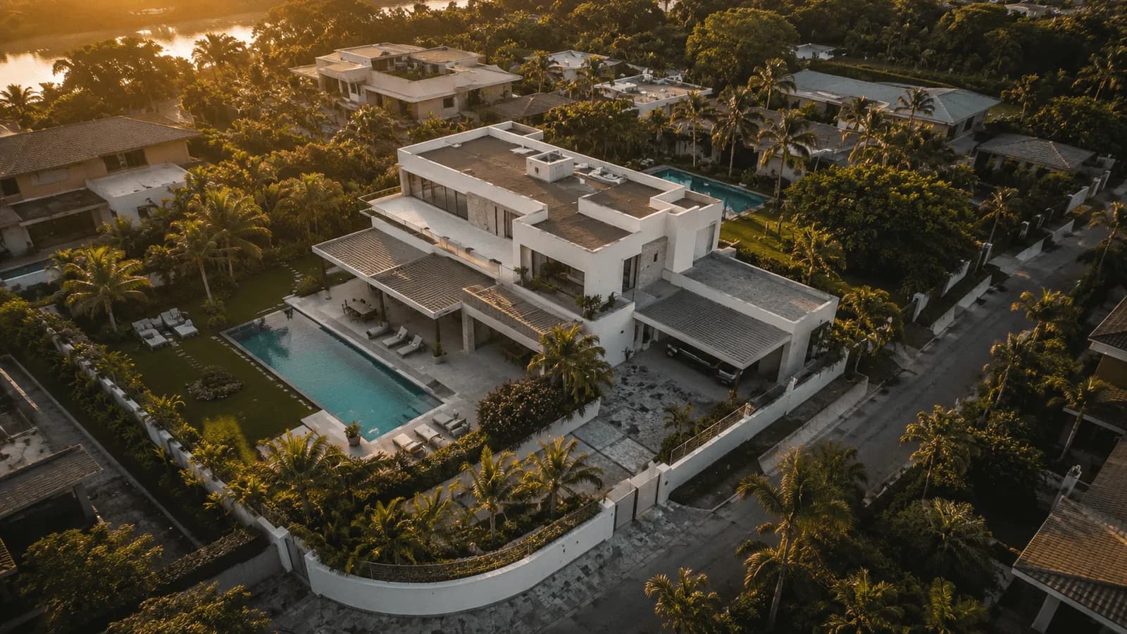 Grande villa à étage avec piscine dans un quartier résidentiel arboré, vue du ciel au coucher du soleil.