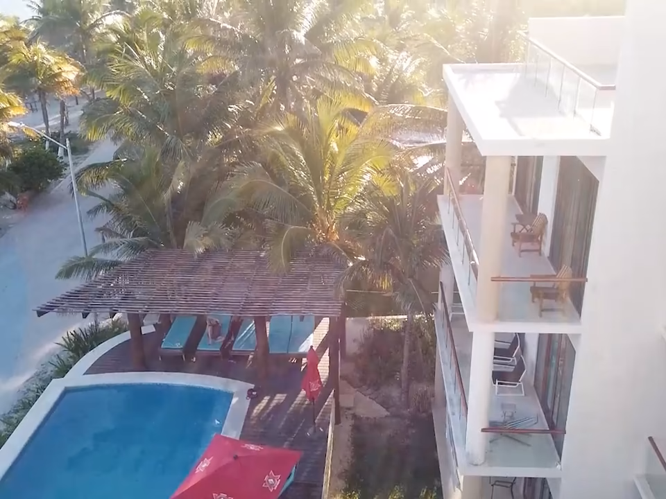 Immeuble résidentiel blanc à balcons et sa piscine commune sous une pergola, au milieu des cocotiers.