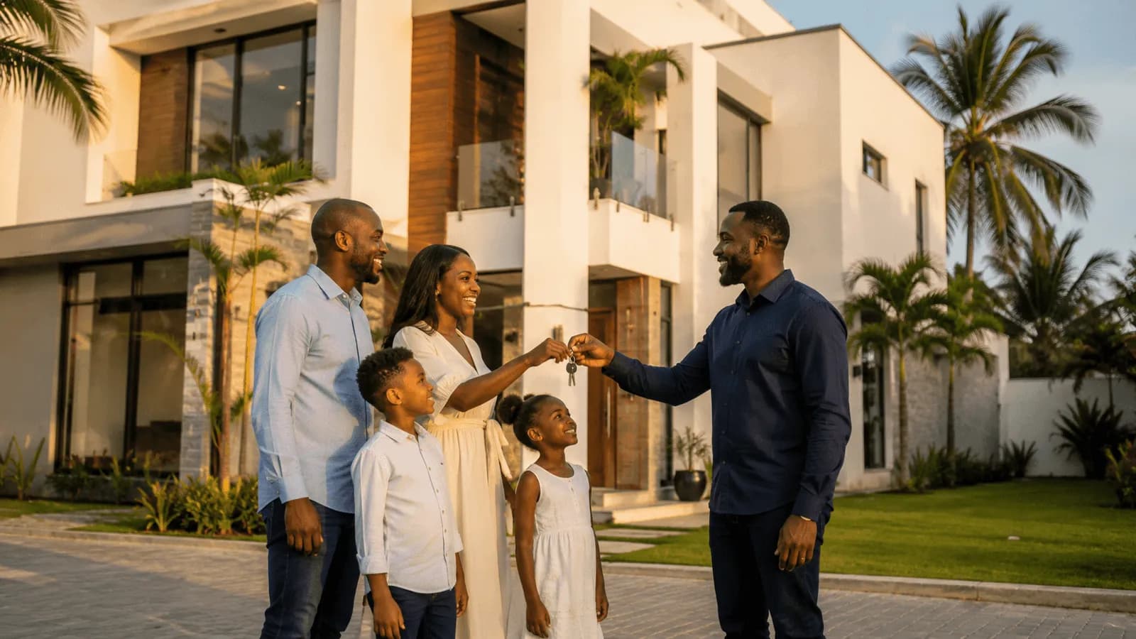 Remise des clés à une famille devant une villa neuve.