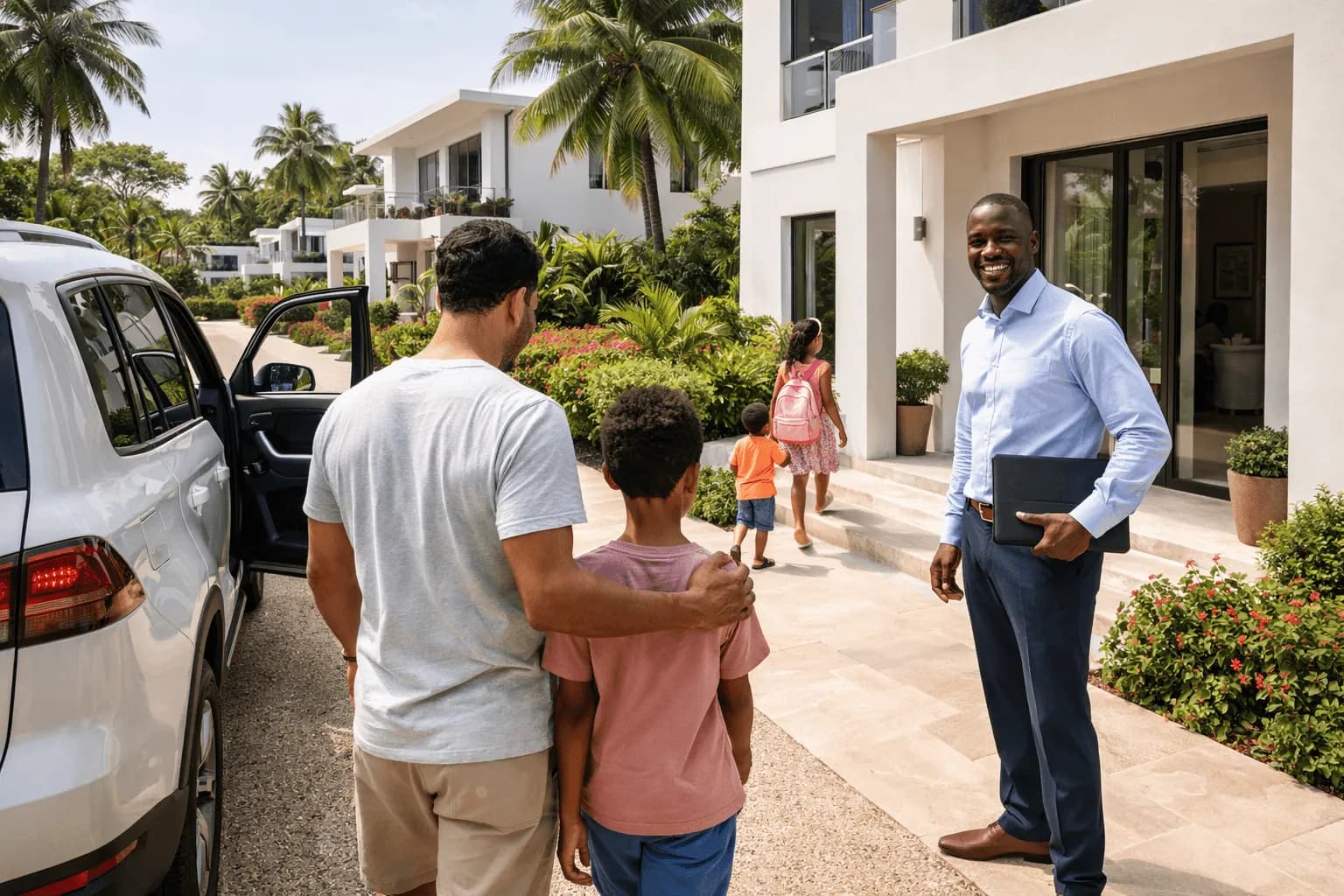 Une famille arrive devant sa villa neuve ; un homme en chemise, un dossier à la main, l'accueille devant l'entrée.