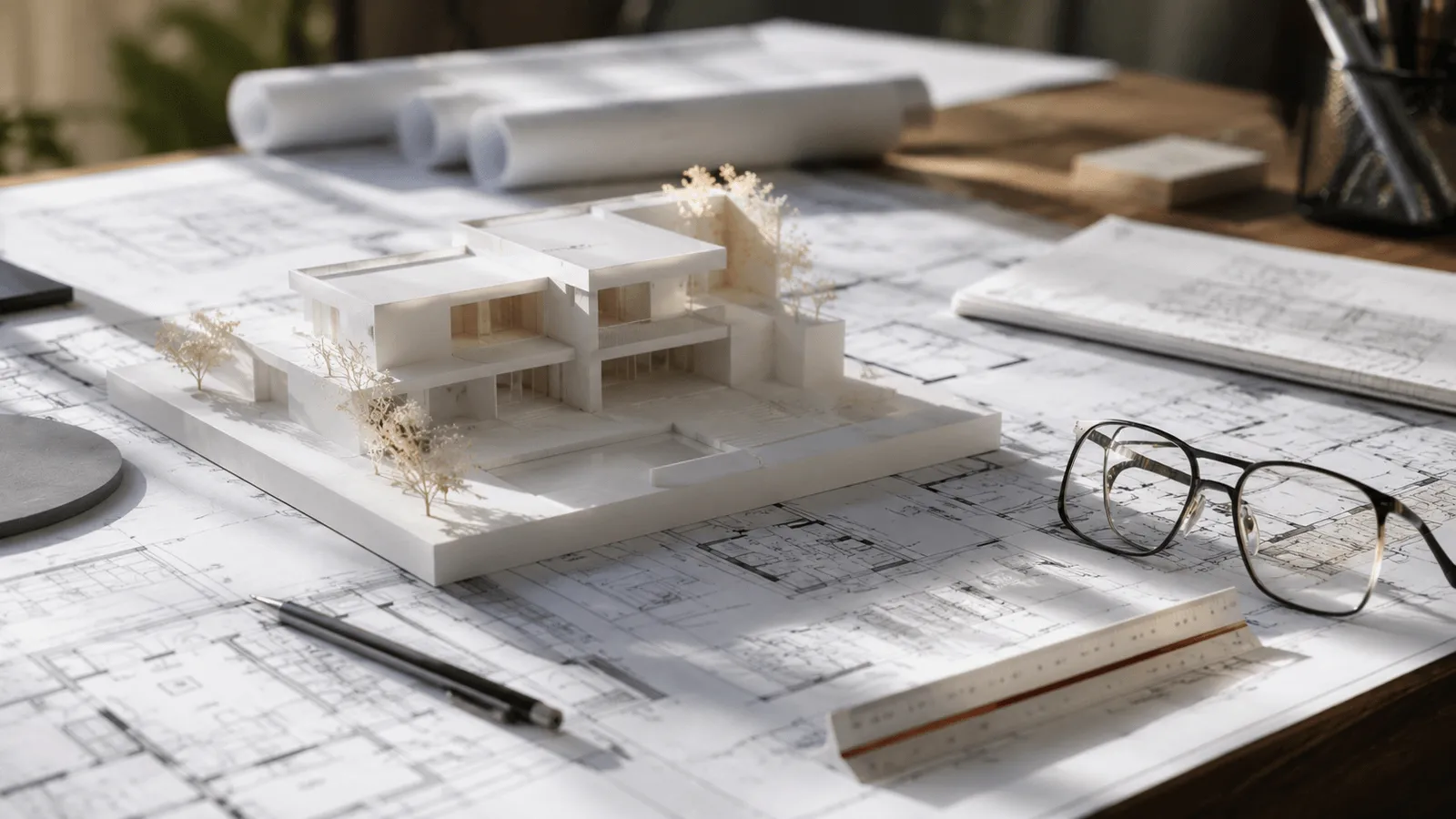 Maquette blanche de villa posée sur des plans.