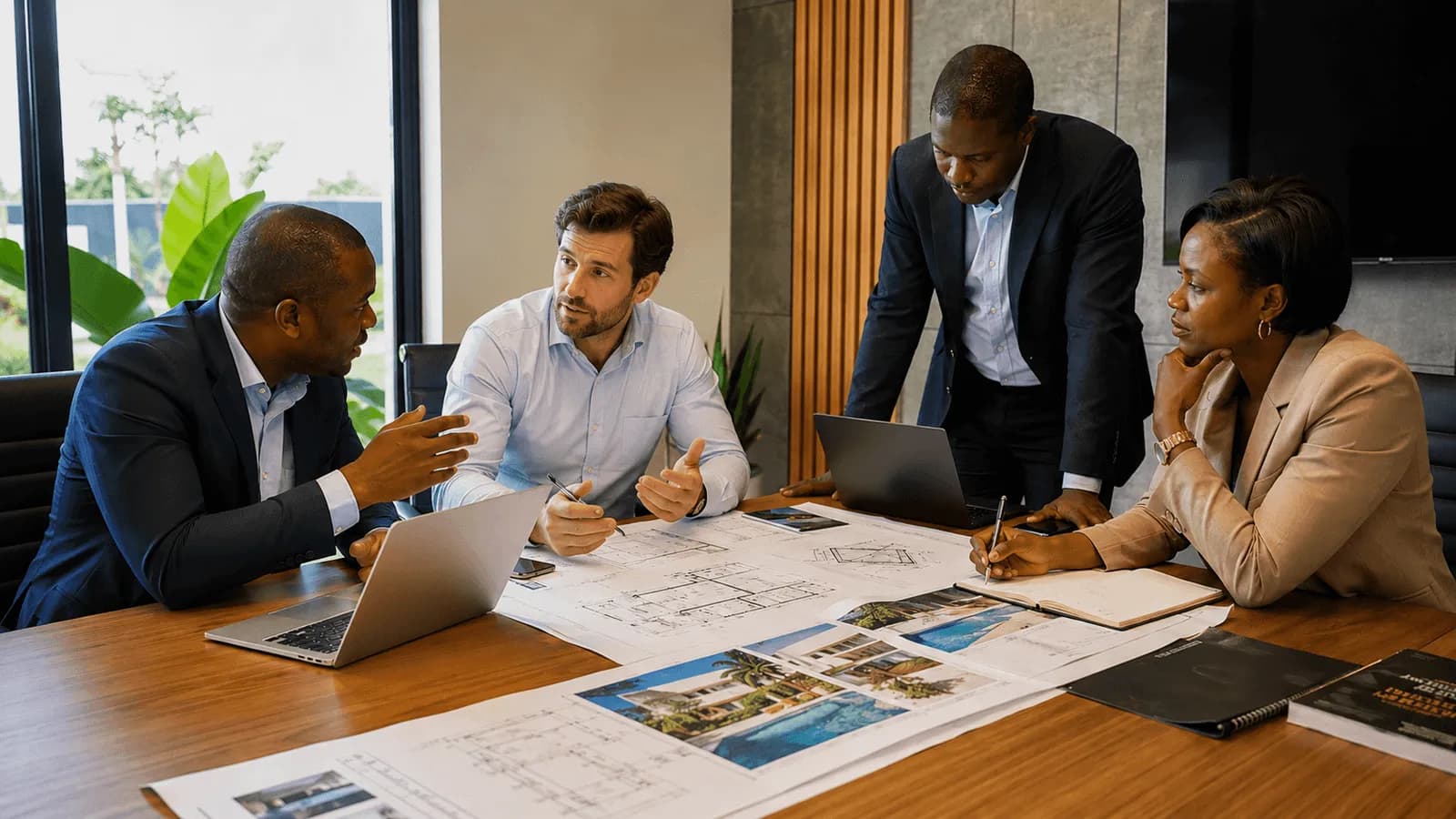 Réunion de conception autour d'une table : plans, perspectives d'une villa avec piscine et ordinateurs portables.