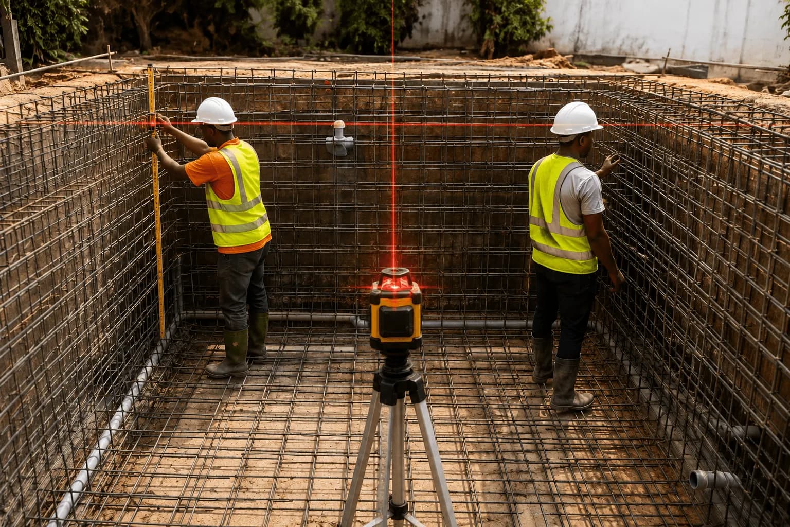Contrôle au niveau laser dans une cage d'armatures, deux ouvriers casqués.