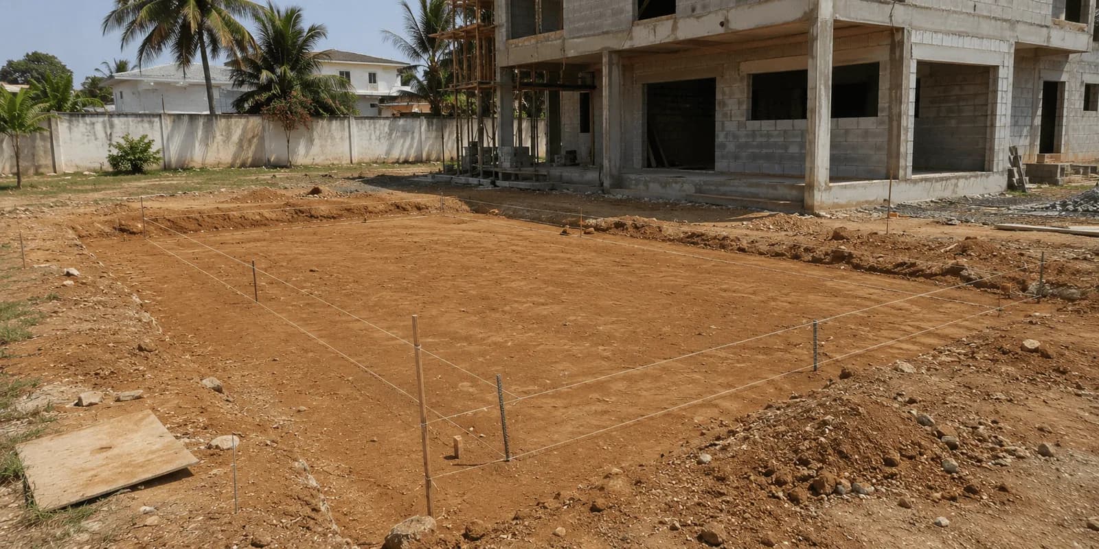 Terrain de latérite préparé : l'implantation d'une construction tracée au sol avec des piquets et des cordeaux.
