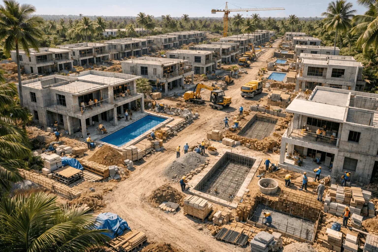 Programme de villas en construction vu du ciel : villas en gros œuvre, piscines, engins et ouvriers.