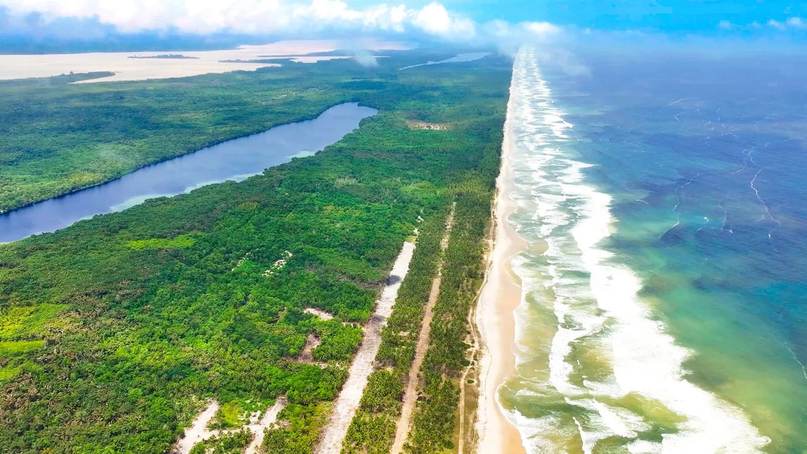 Cordon littoral vu du ciel : la plage, l'océan et la lagune bordée de forêt, une piste droite dans la cocoteraie.