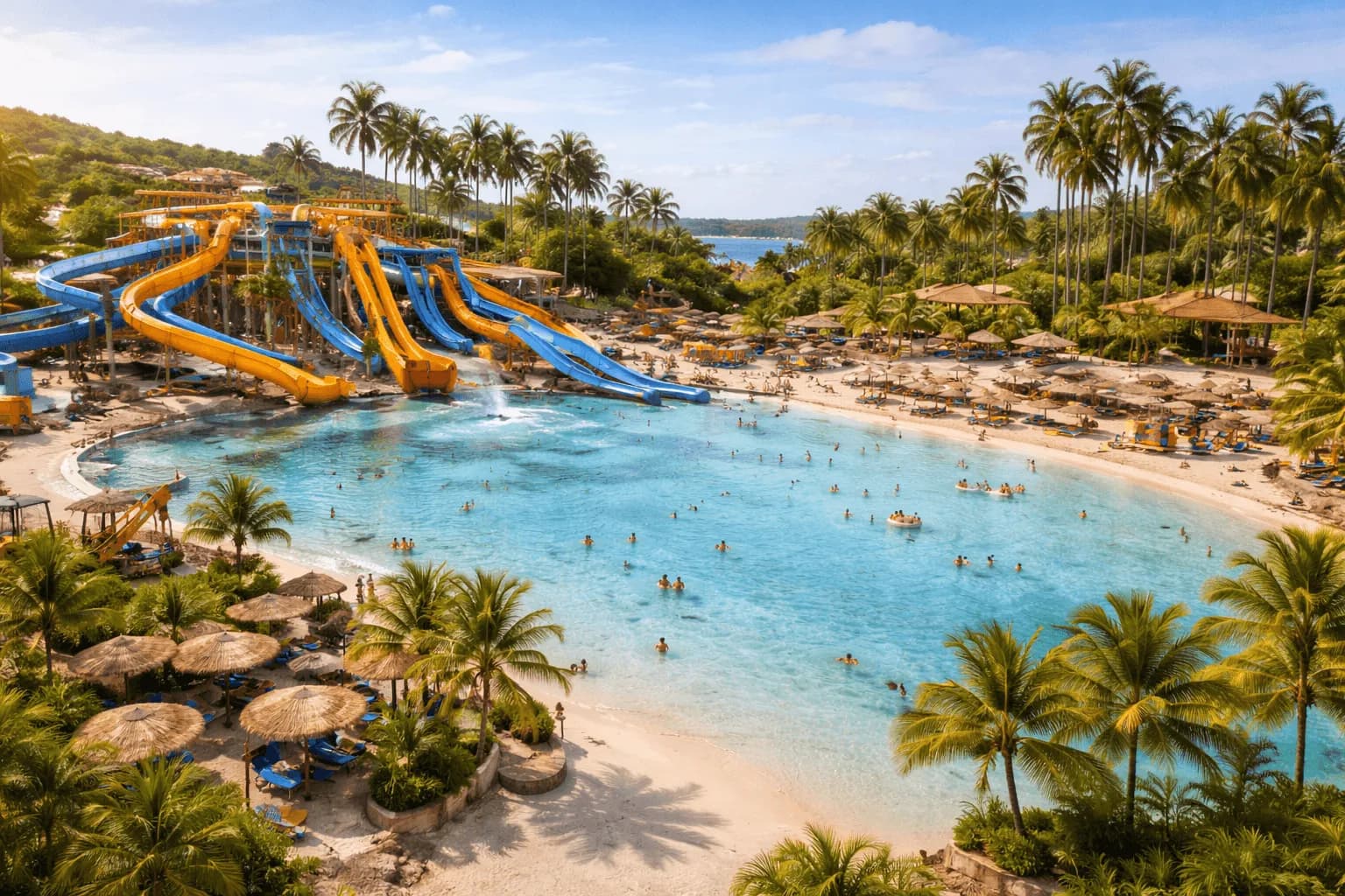 Parc aquatique tropical vu d'en haut : grand lagon à plage de sable, toboggans et paillotes.