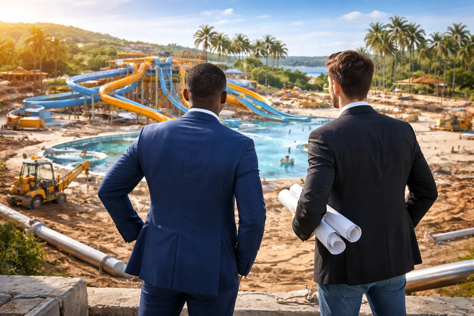 Deux hommes de dos, plans à la main, regardent un parc aquatique en chantier.