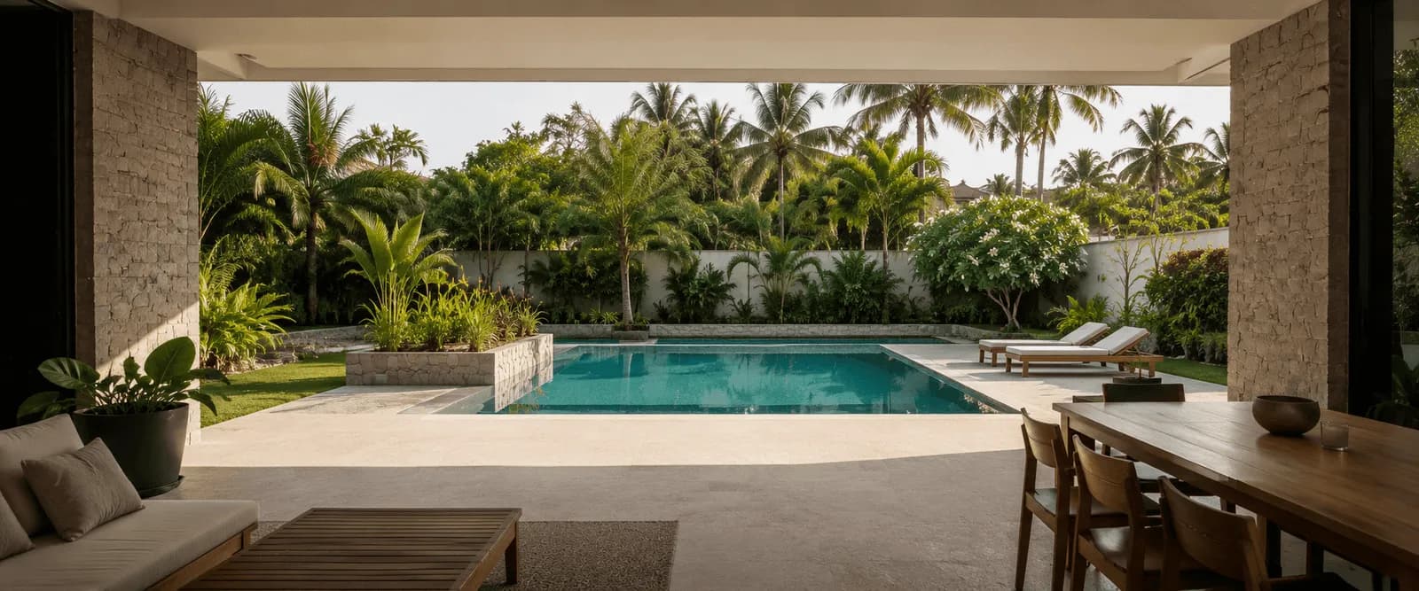 Vue depuis une terrasse couverte avec salon et table en bois, sur une piscine et un jardin tropical.