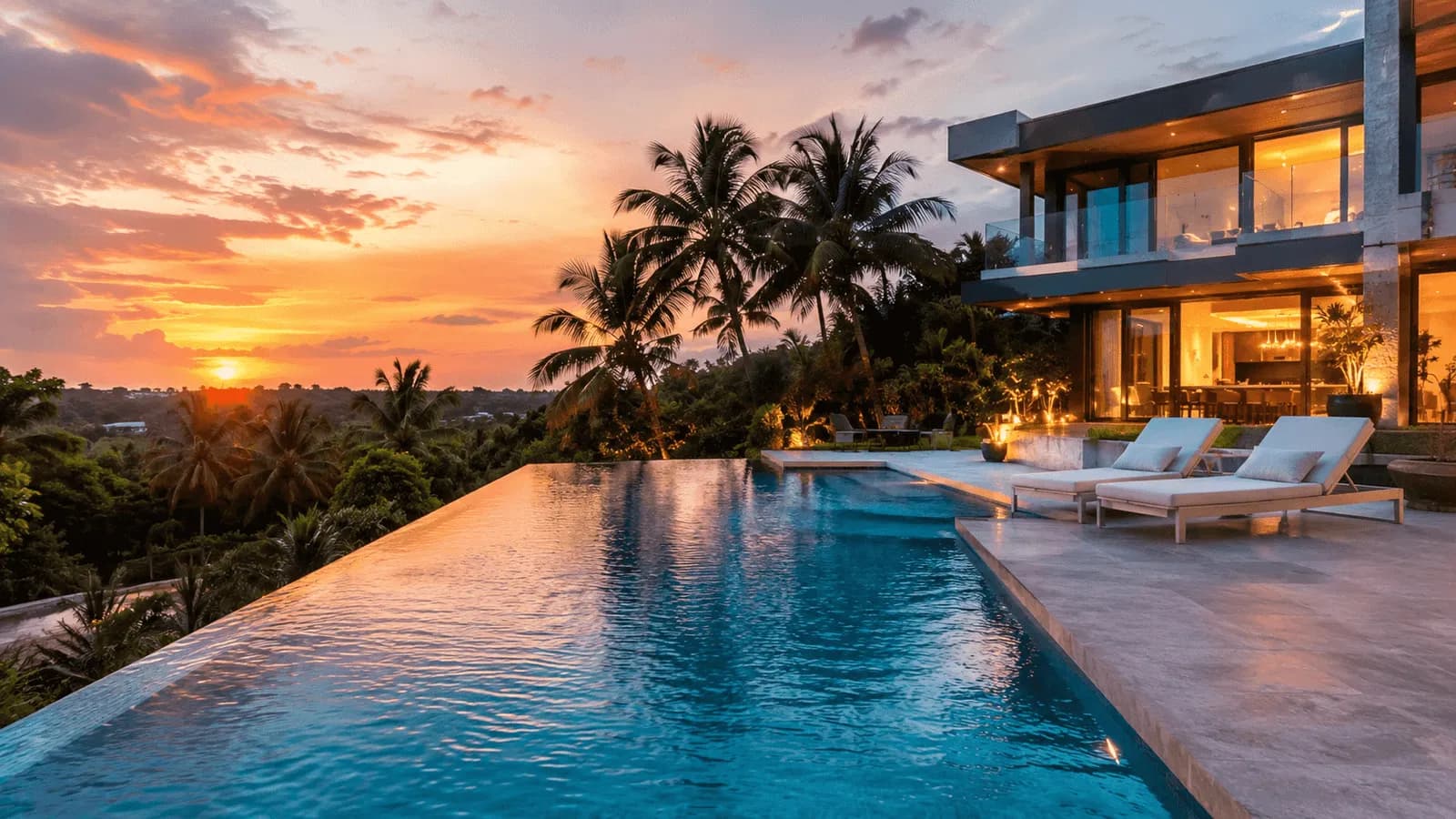Piscine à débordement au coucher du soleil devant une villa contemporaine illuminée.