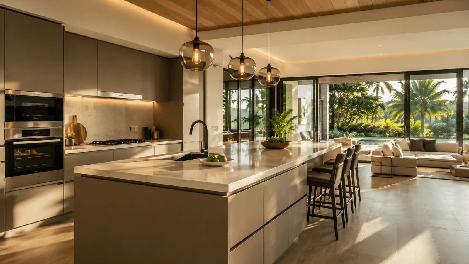 Cuisine contemporaine équipée, ouverte sur un salon lumineux et un jardin tropical.