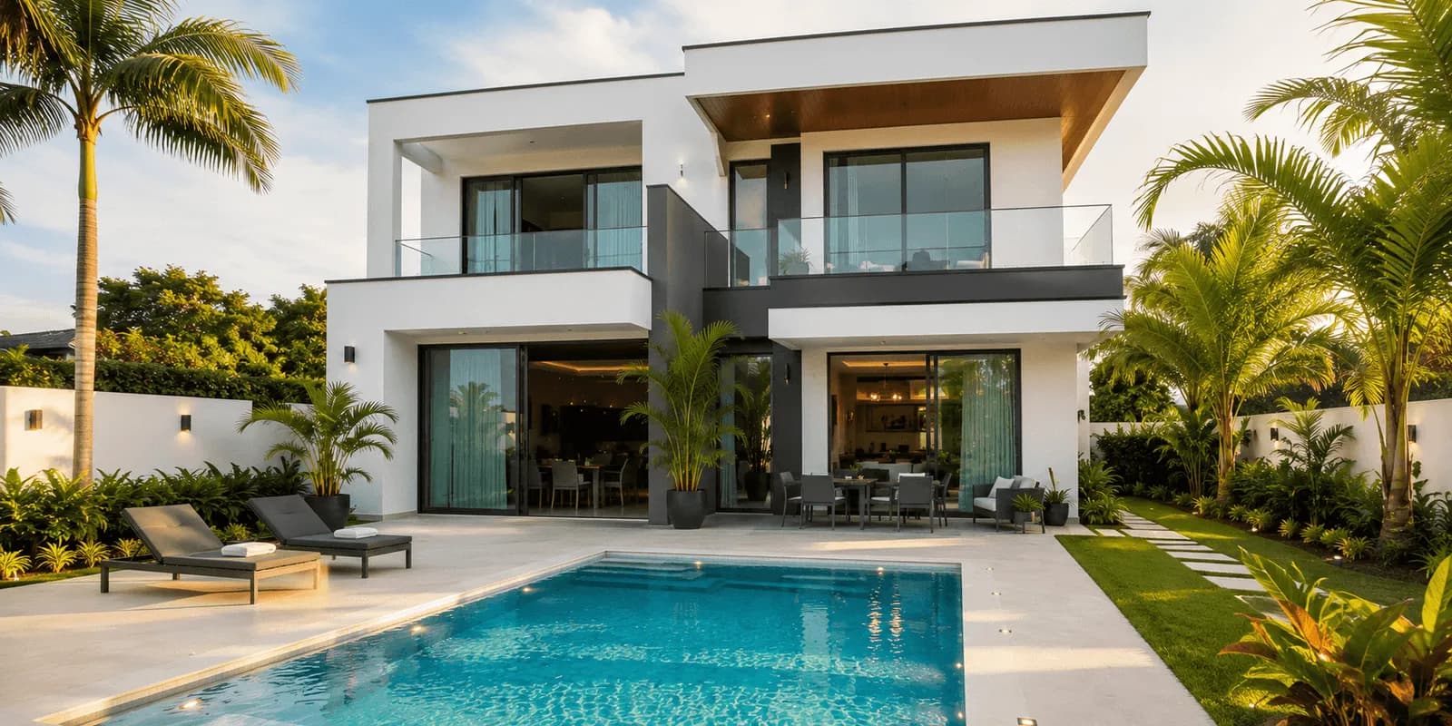 Villa duplex contemporaine blanche avec piscine.