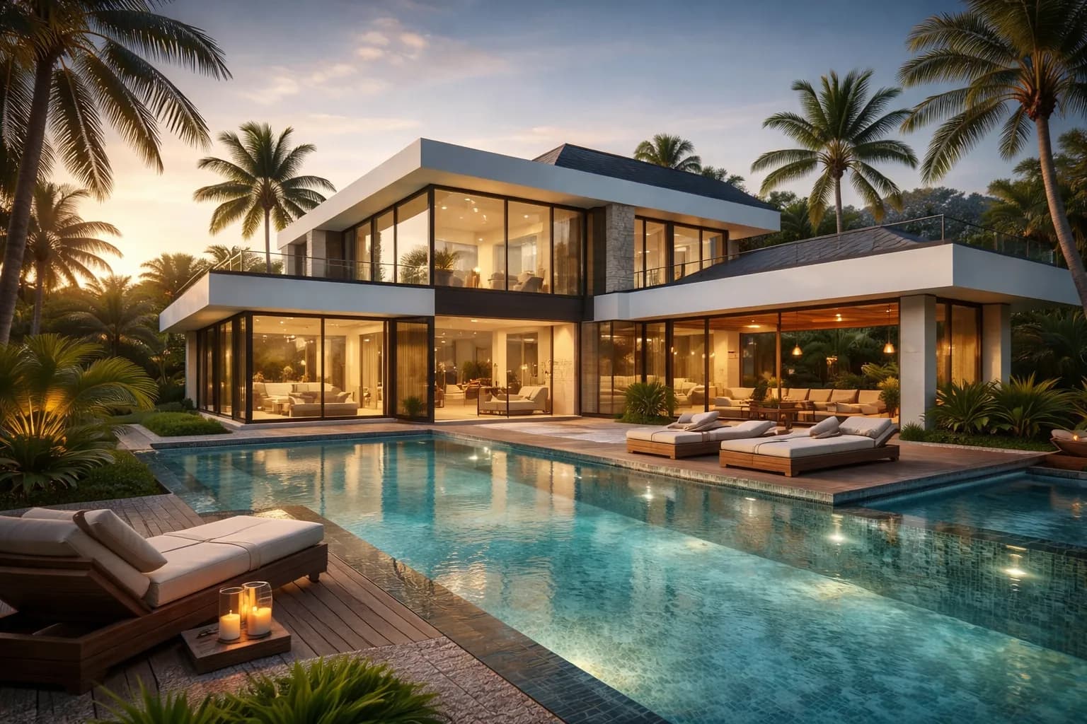 Villa contemporaine à grandes baies au crépuscule, piscine éclairée et terrasse.
