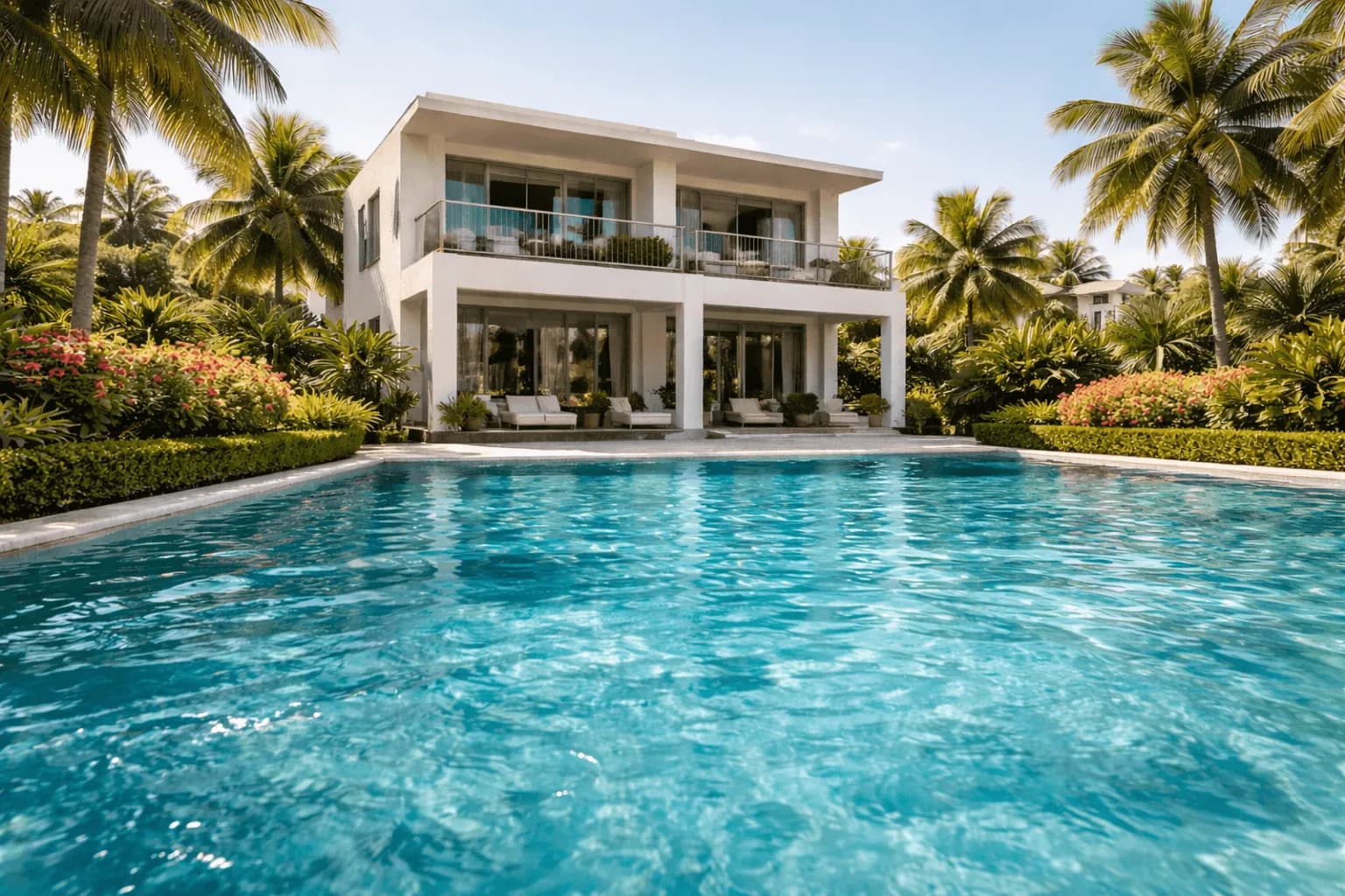 Villa duplex contemporaine vue depuis la piscine.