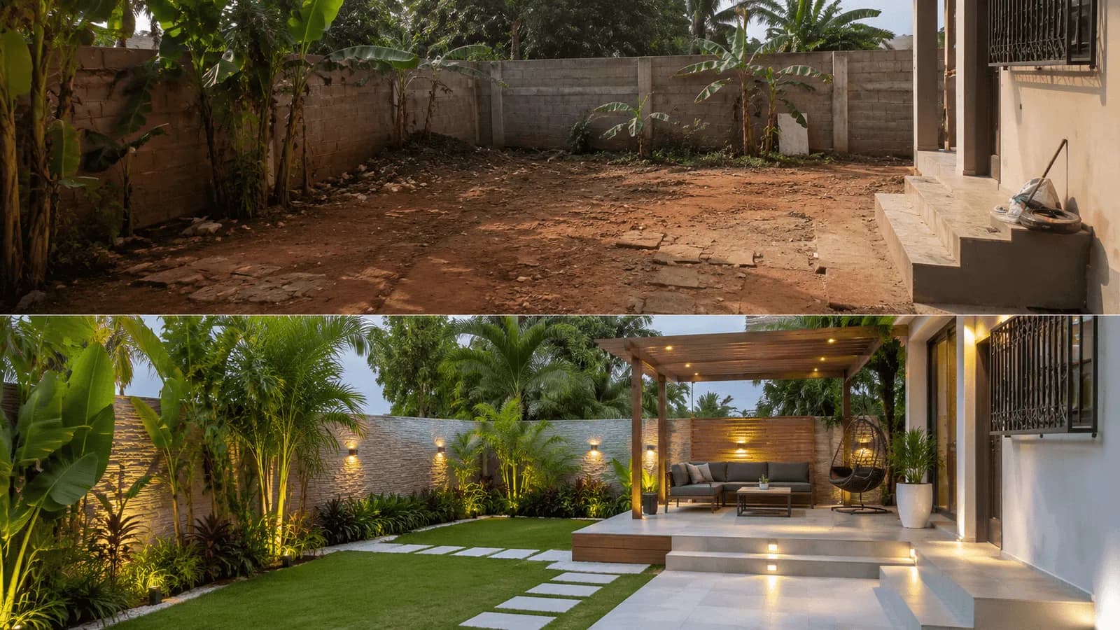 Avant et après : une cour en terre battue le long d'un mur, puis le même espace en jardin avec pelouse, pas japonais et pergola éclairée.