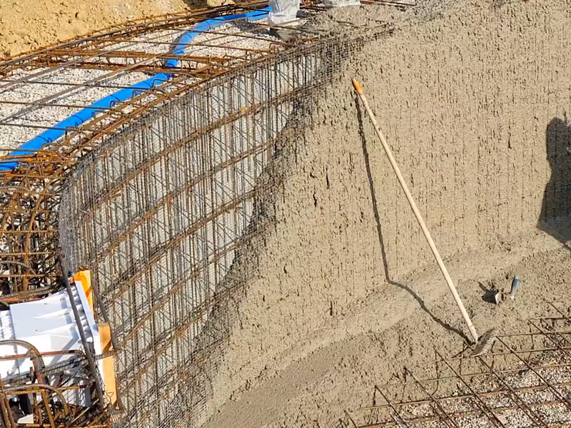 Gros plan sur un voile courbe en béton frais, contre son coffrage en treillis.