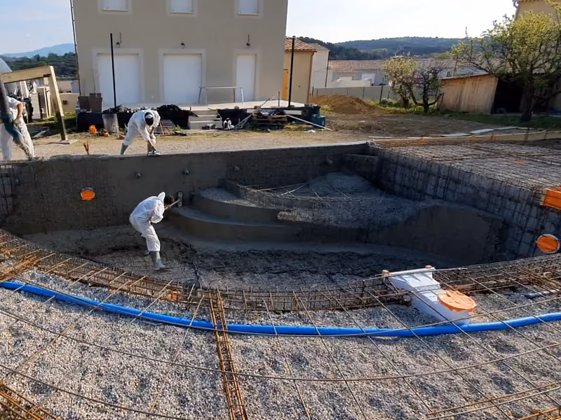 Le bassin de forme libre et ses marches romaines, un compagnon taloche le fond.