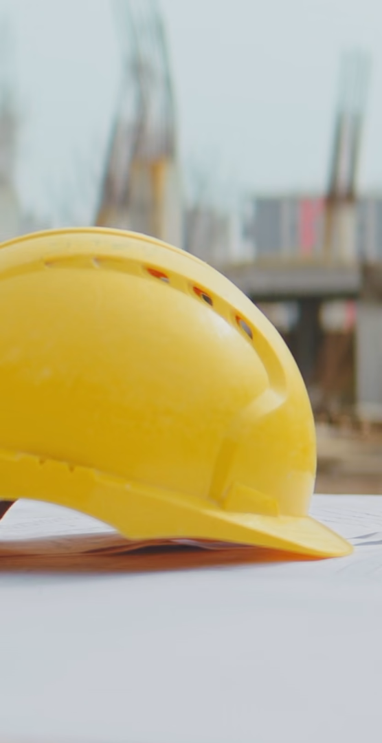 Un casque de chantier posé sur des plans roulés, un chantier de gros œuvre et sa grue au fond.