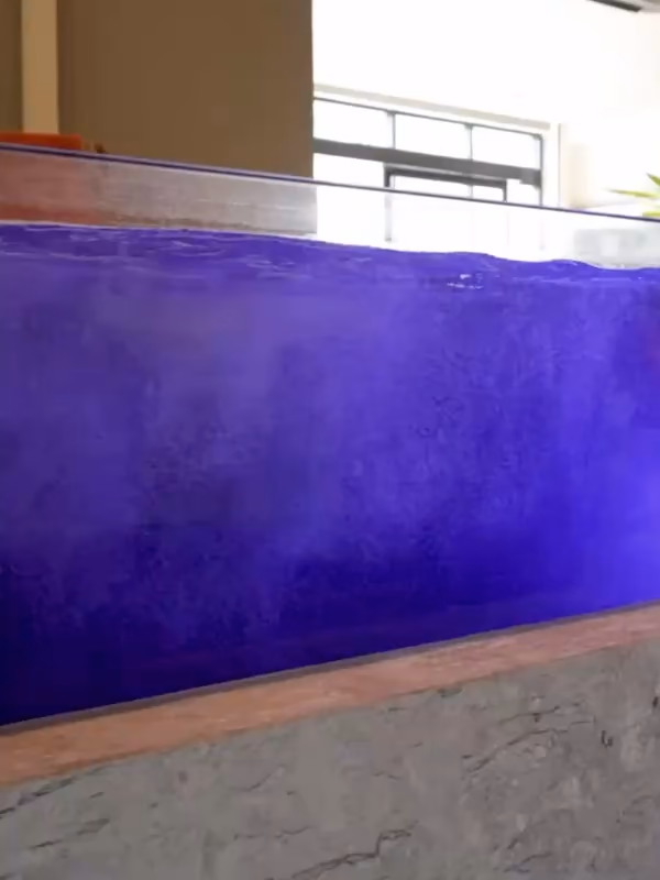 Paroi transparente d'un bassin intérieur, eau éclairée en violet.
