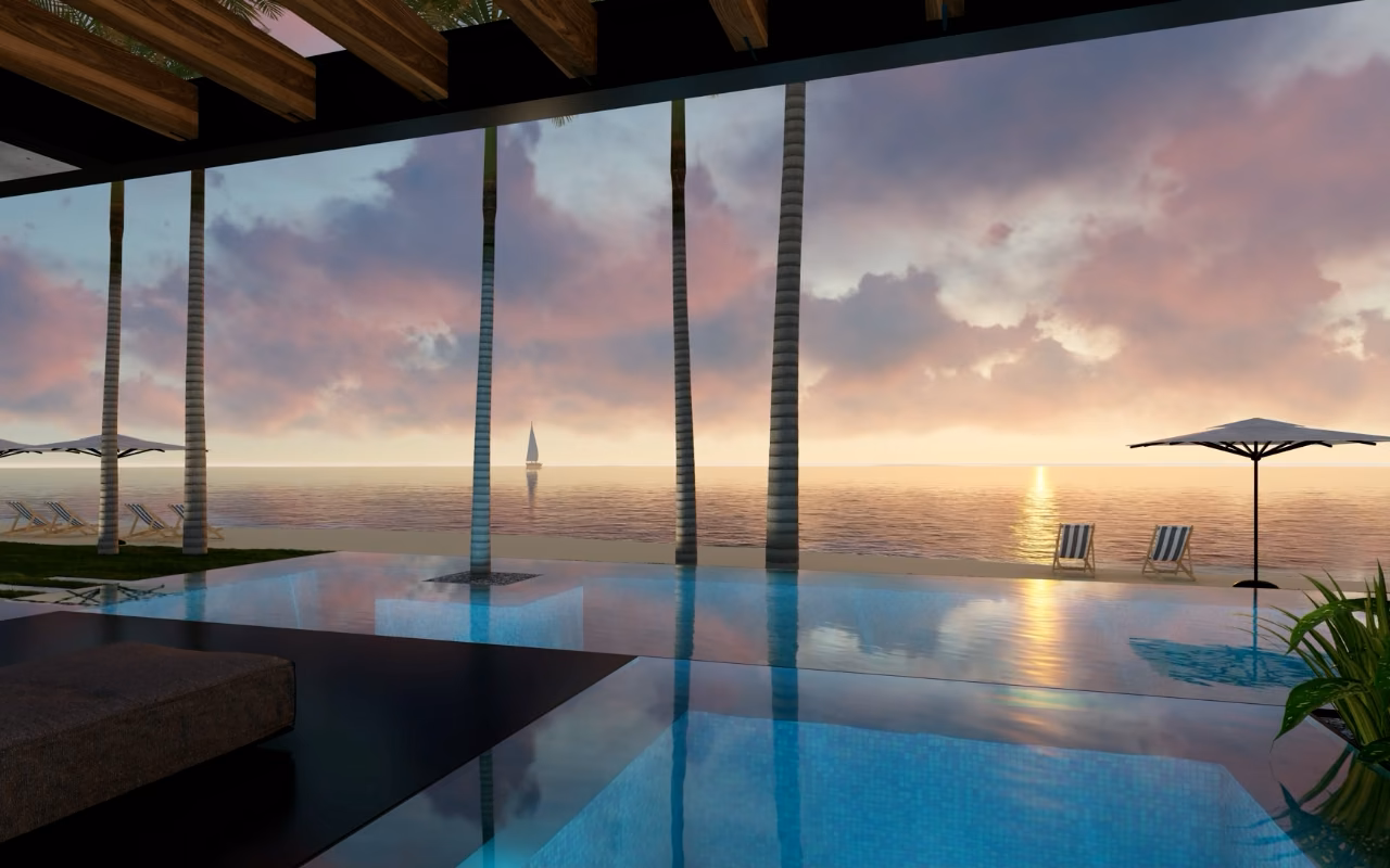 Depuis une terrasse couverte, piscine à débordement face à l'océan au coucher du soleil (image de synthèse).