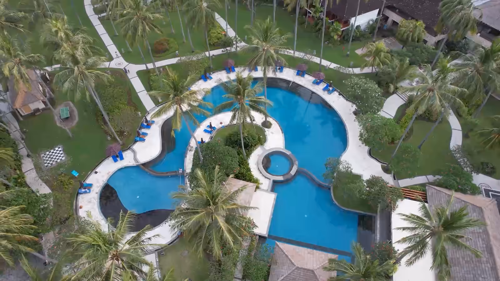 Piscine lagon vue du ciel (courbes, îlot planté, jacuzzi rond), puis piscine de forme libre avec cascade sur rocher et paillote éclairée.