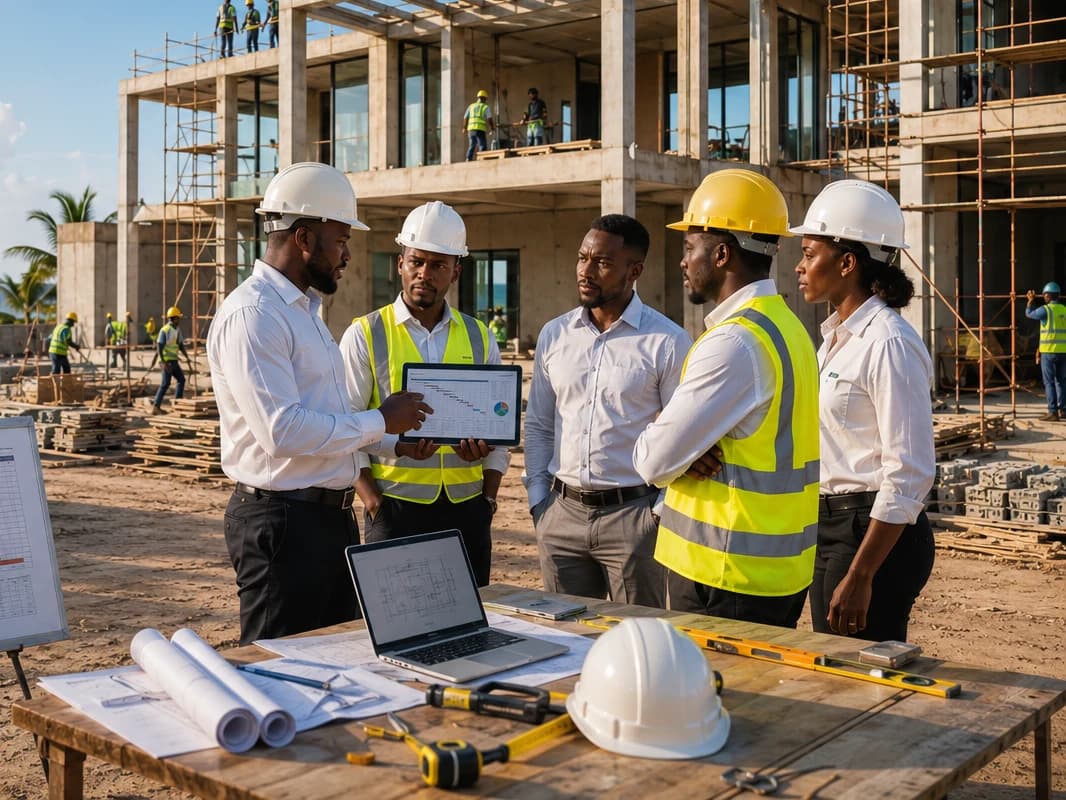 Réunion de chantier en plein air : une équipe casquée fait le point autour d'une tablette qui affiche un planning, devant une villa en construction.