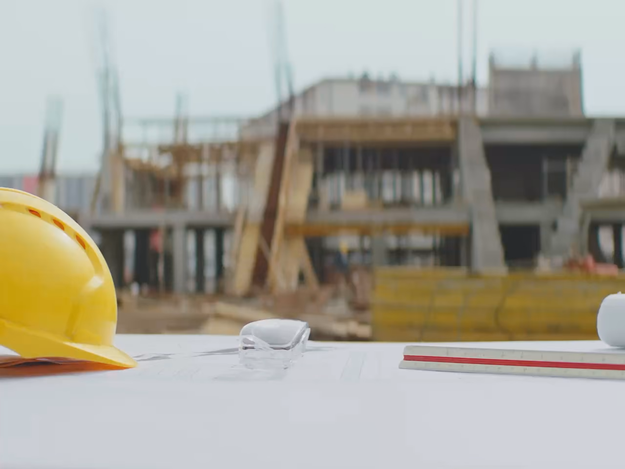 Casque de chantier jaune posé sur des plans, immeuble en construction derrière.