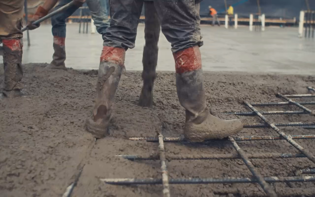 Chantier d'une maison à étage : le béton coulé sur un ferraillage.