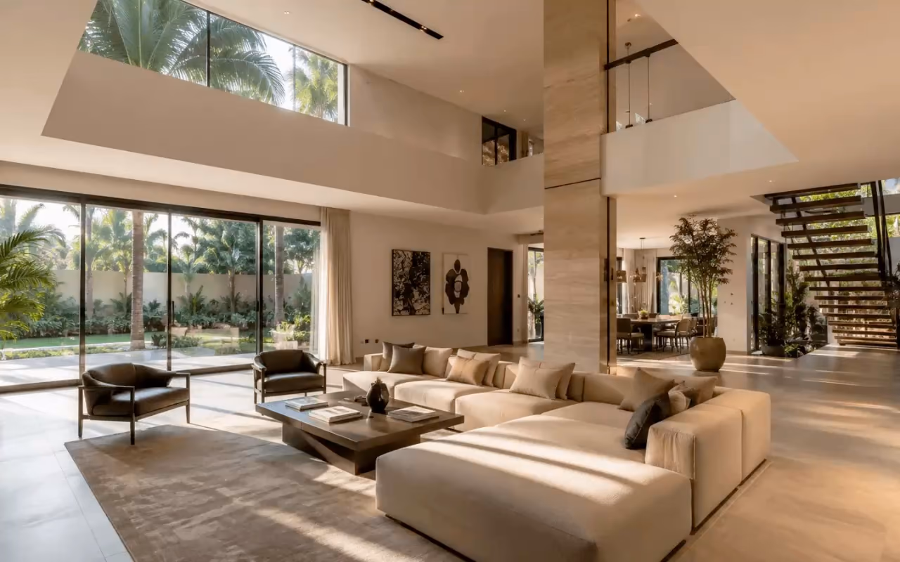 Intérieurs de villa : salon double hauteur ouvert sur le jardin, cuisine avec îlot, chambre ouverte sur la piscine.